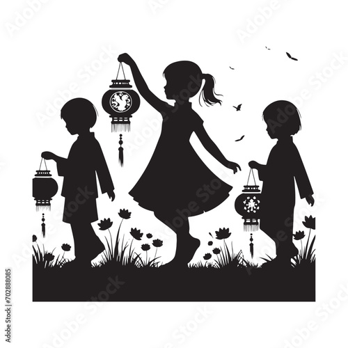 Nighttime Revelry - Children with Lantern Silhouette Bringing the Magic of Chinese New Year to Life - a Must-Have for Chinese New Year Silhouette Enthusiasts
