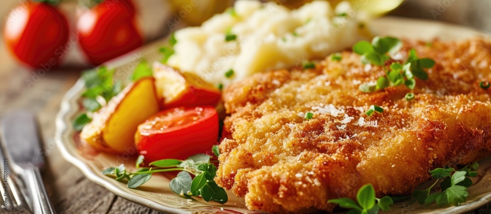 Russian cuisine, breaded cutlet with mashed potatoes, served in a cafe. Russian cuisine, breaded cutlet with mashed potatoes, served in a cafe.