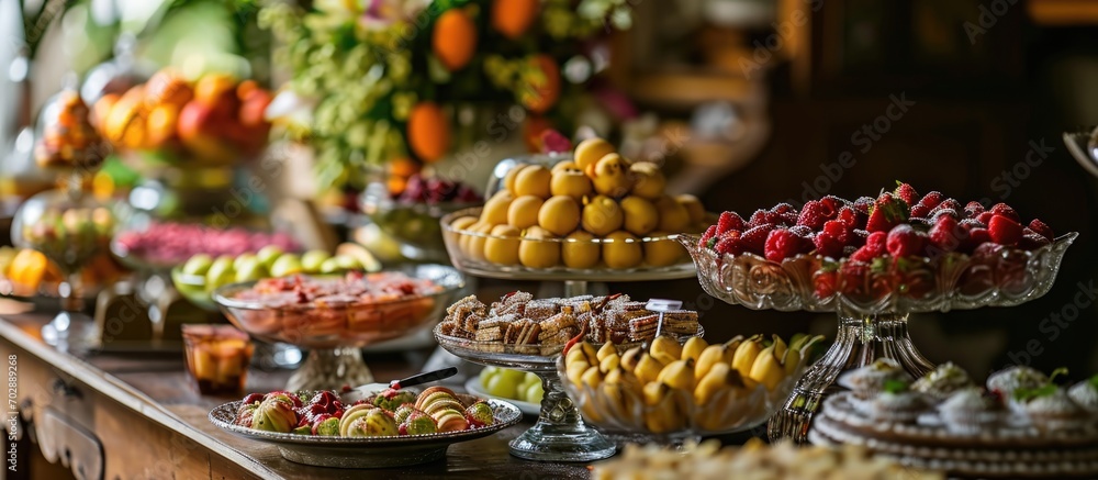 Delicious wedding buffet featuring a variety of sweets and fruits.