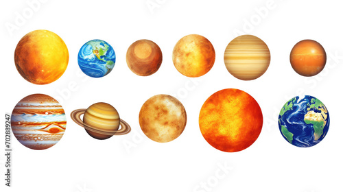 The solar system consists of various planet isolated on white or transparent background