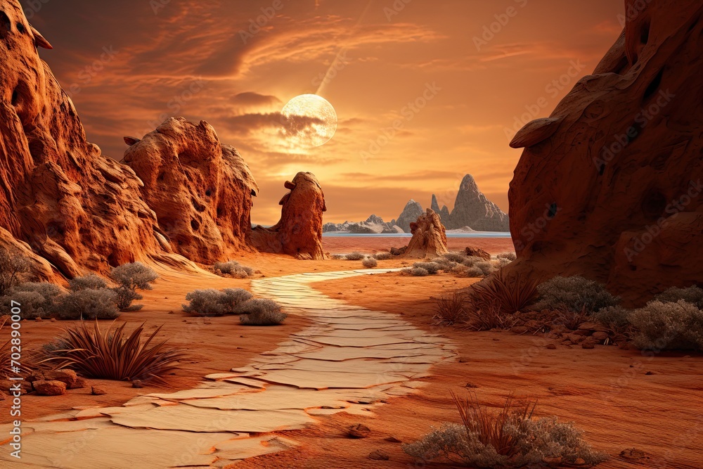 Fantasy landscape with a path in the desert. 3d render, AI Generated