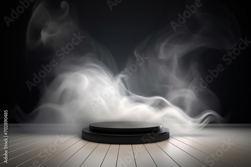 Graphic resources concept. Product placement minimalist podium with fog, smoke or mist in background with copy space