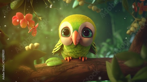 baby parrot , Craft an endearing  render of a baby parrot with adorable big eyes, nestled in a vibrant garden teeming with butterflies, surrounded by lush greenery