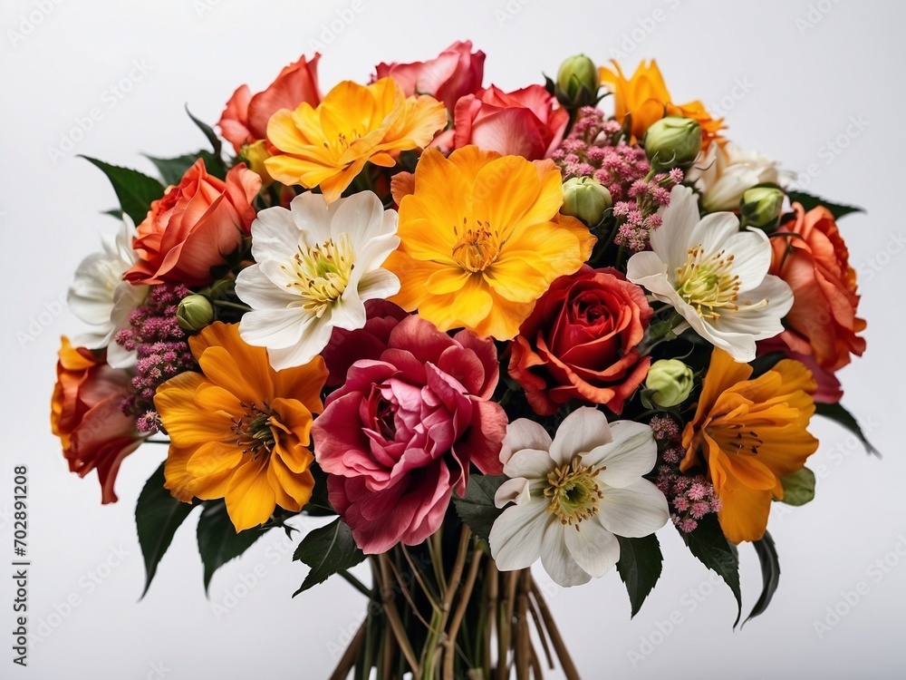 A beautiful colorful composition of flowers. Floristry. A bouquet of pink, red, yellow, white and orange flowers on a white background. Flowers for postcards, greetings, weddings, holidays.