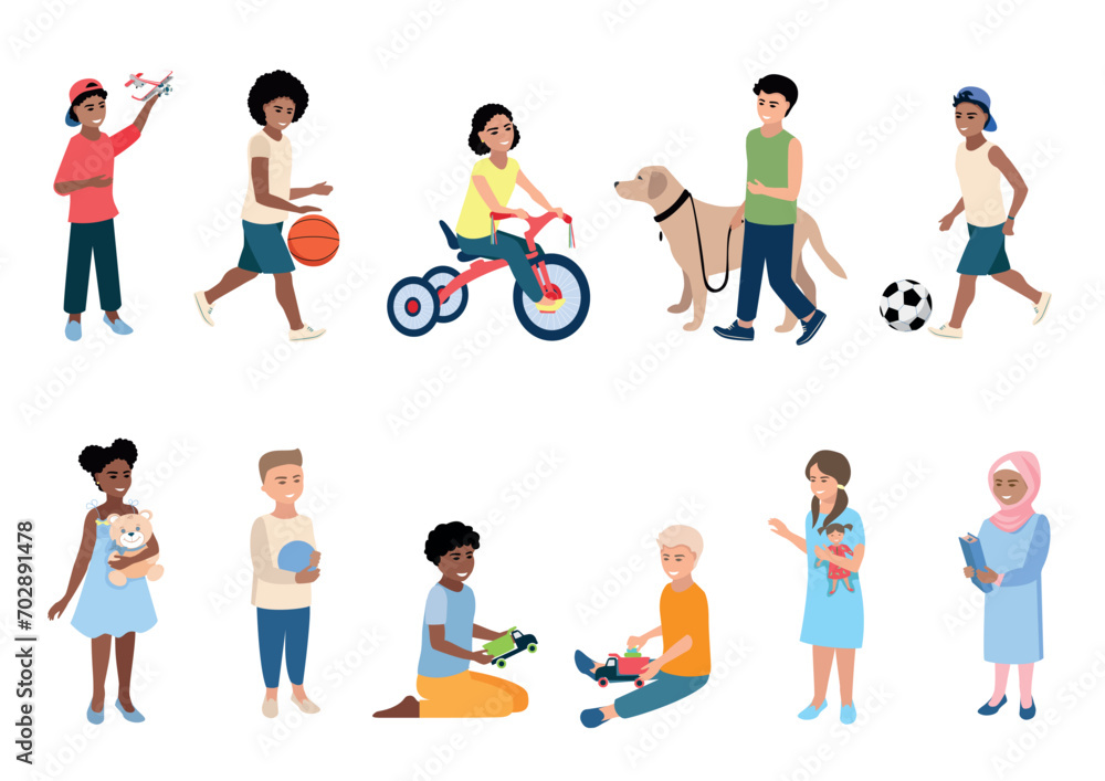 Happy boys and girls of different nationalities play, walk and do sports. Vector set of school children isolated on white background.