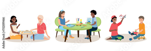 Happy boys and girls of different nationalities play board games, draw and play with toys. Vector set of school children isolated on white background.