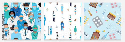 Doctors, nurses and medicines. Set of seamless patterns. Thanks to the doctors for saving lives. Doctors, nurses and paramedics in medical clothes and protective masks of different nationalities and g photo