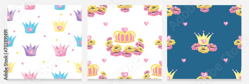 Seamless pattern for a beautiful princess. Vector patern with princess crown or tiara with heart shaped ornament. Set.