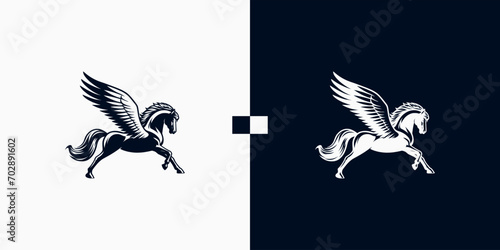 Pegasus horse logo Pegasus Skyline vector design inspiration, Monochrome Emblem of Running Pegasus isolated on white, Vector image of a silhouette of a mythical creature of Pegasus