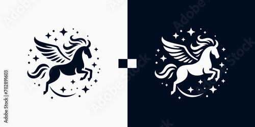 Pegasus horse logo Pegasus Skyline vector design inspiration, Monochrome Emblem of Running Pegasus isolated on white, Vector image of a silhouette of a mythical creature of Pegasus photo