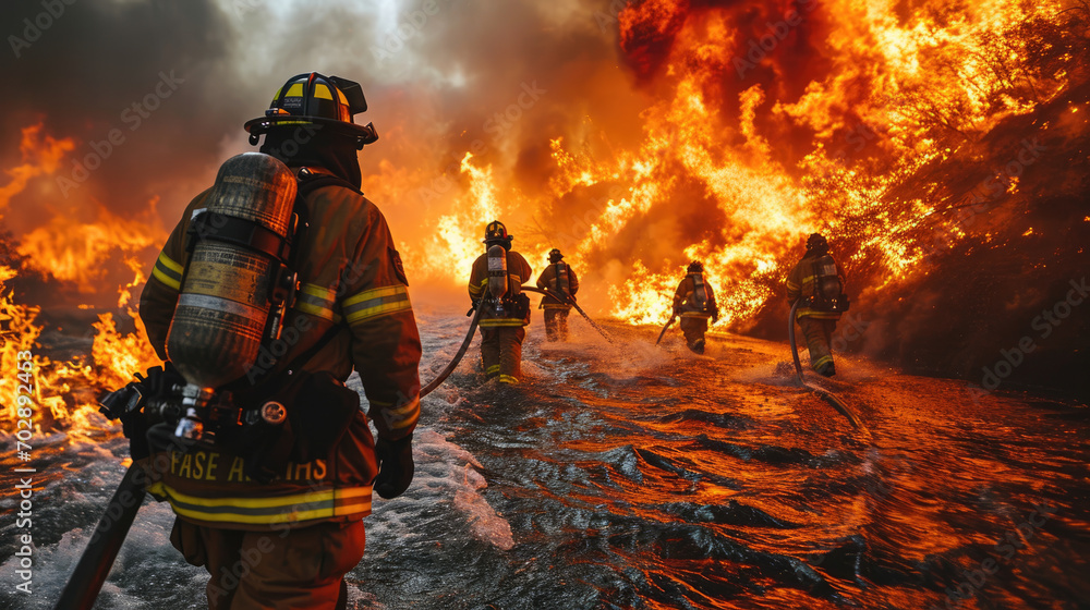 Firefighters extinguish a forest fire. Huge fire. Firefighters extinguish a forest fire. Huge fire.