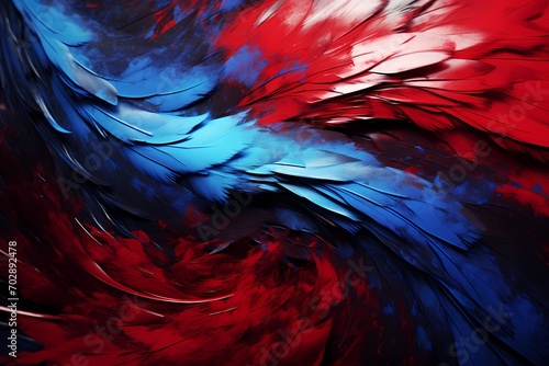 Cascading strokes of ruby red and azure blue colliding, forming a dramatic and intense abstract background.