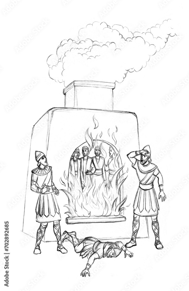 Pencil drawing. King Nebuchadnezzar ordered Shadrach, Meshach and Abednego to be thrown into the furnace Pencil drawing. King Nebuchadnezzar ordered Shadrach, Meshach and Abednego to be thrown into the furnace
