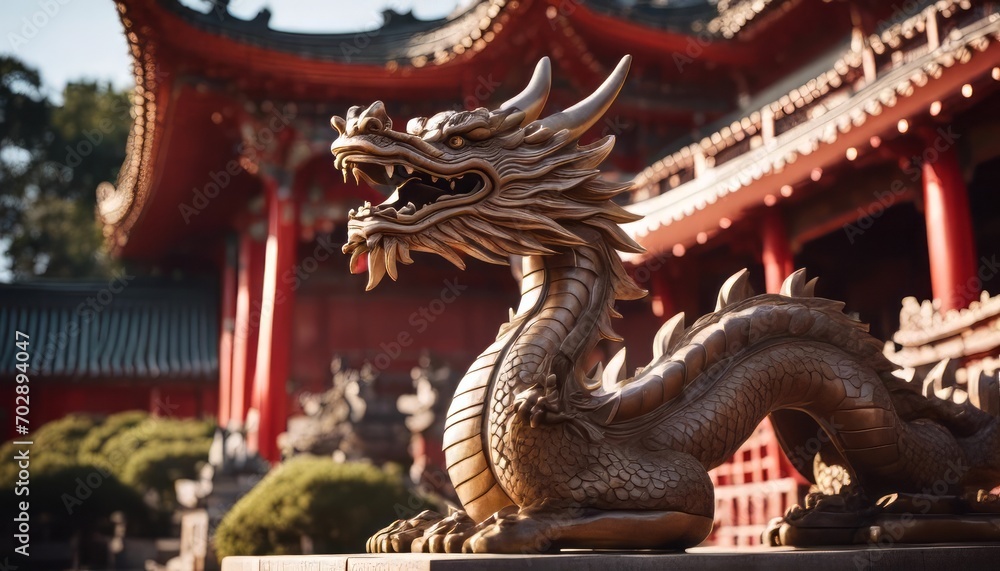 Obraz premium A wooden dragon statue shining in the sun, a symbol of the Chinese New Year