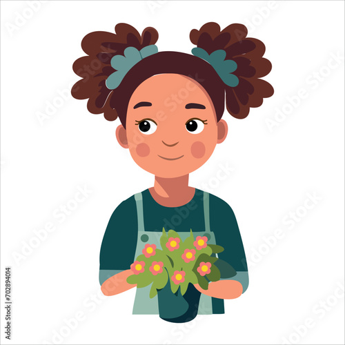 young woman takes care of the flowers planted in different shaped pots. Hobby is taking care of indoor plants. The girl takes care of the home garden. Vector illustration.