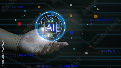 Artificial Intelligence AI Chat and New Information Technology. AI business learning. Ai technology, Generative AI in hand. Man using technology smart robot. Futuristic Infographic Transformation.