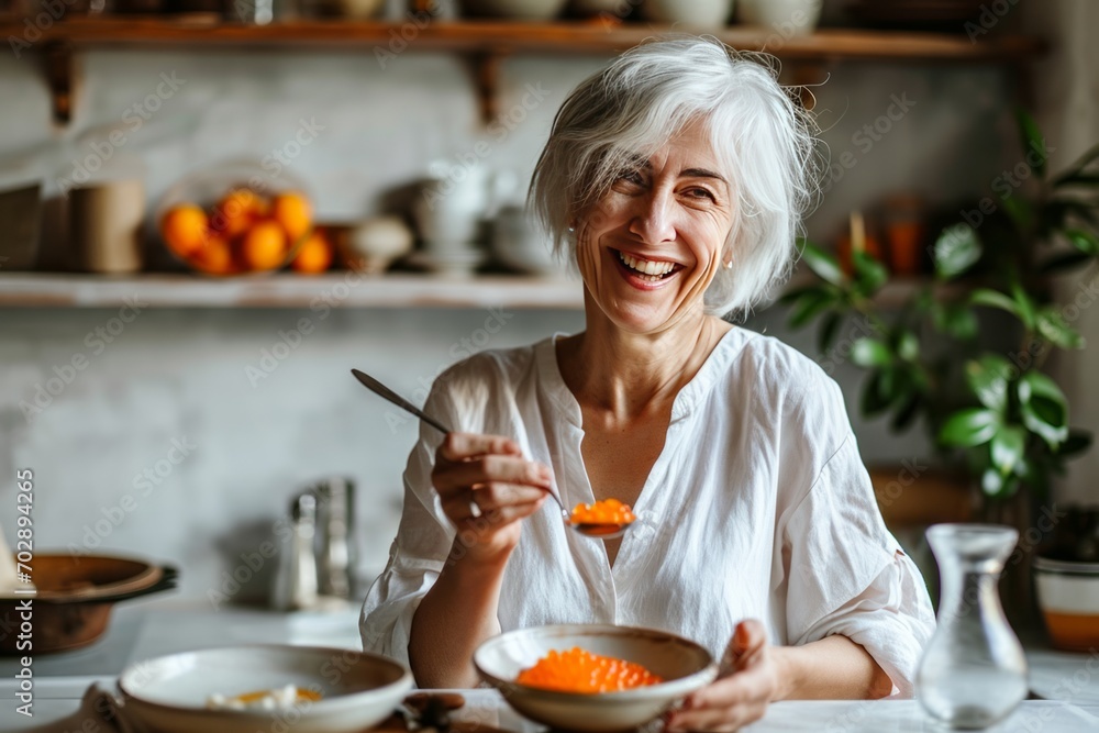 Smiling beautiful elderly woman eating red caviar by the spoon. Concepts: healthy lifestyle, active longevity, proper nutrition, healthy fats, healthy skin