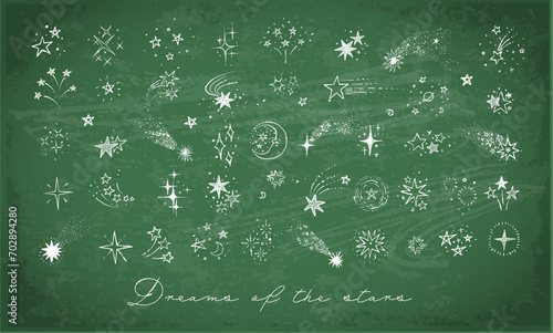 Collection of doodle star clasters and constellations on blackboard background. Vector sketch illustration.