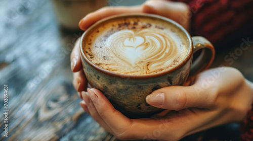 A woman hand holding a cup of latte coffee before drinking it