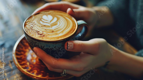 A woman hand holding a cup of latte coffee before drinking it
