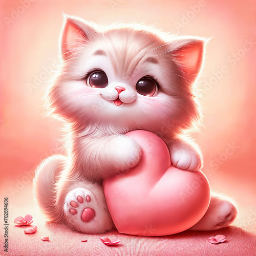 An adorable kitten with a fluffy white coat clutching a soft pink heart on a glowing warm background. The kitten's large, expressive eyes and playful pose give the image a cute and heartwarming charac © Iaroslav