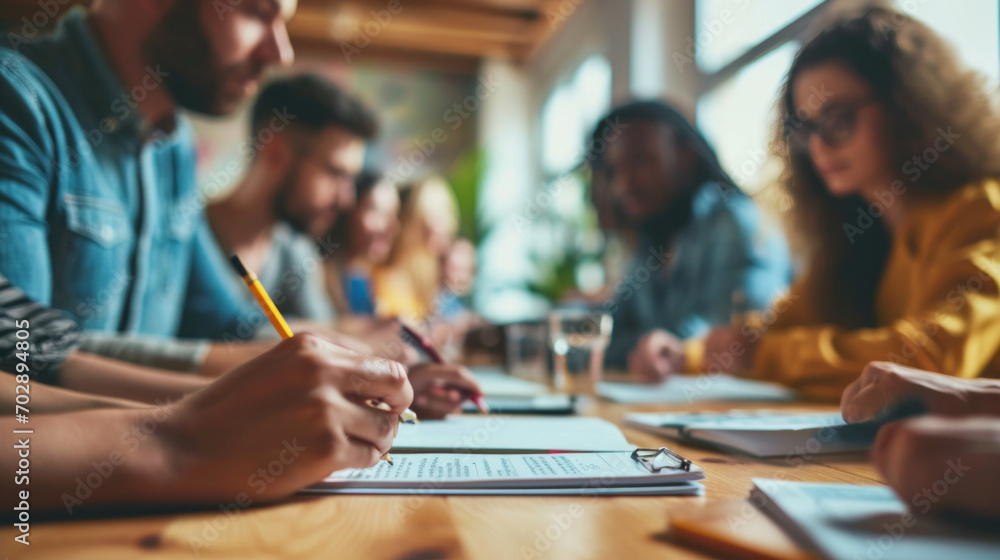 The multi-racial diverse group of people working with paperwork on a board room table at a business presentation The multi-racial diverse group of people working with paperwork on a board room table at a business presentation