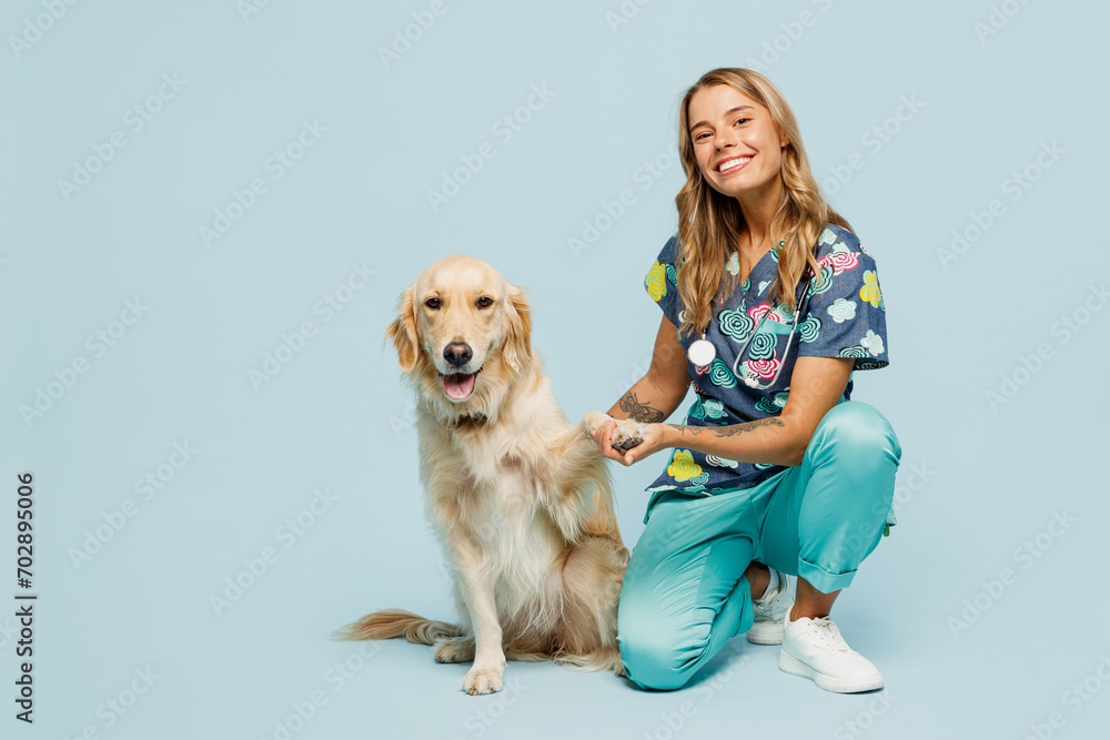 Full body young veterinarian woman wear uniform stethoscope heal exam hug cuddle embrace retriever dog hold paw isolated on plain pastel light blue background studio portrait. Pet health care concept.