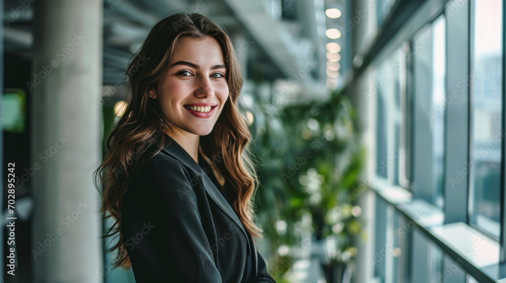 a businesswoman standing smile in a modern office a businesswoman standing smile in a modern office