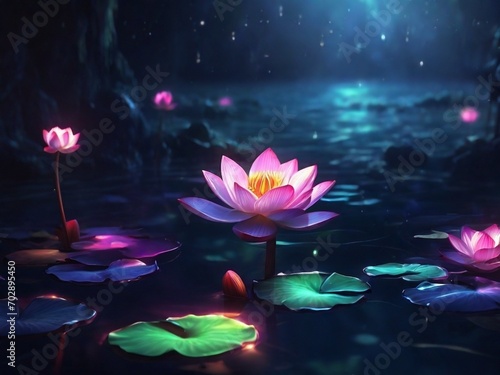 Immerse in a captivating underwater dreamscape featuring diffuse dynamic colors, detailed illustrations, and a surreal, lit dark fantasy realm. Marvel at the magical scenery as lotus flowers emerge.