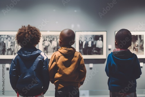 Focus on back view small two afro American kid boys with interest looking on pictures on the wall in gallery in Black history in community center on Black history month celebration photo