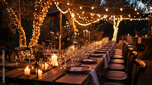 Wedding r table setting. hall decoration with a lot of string lights and candles. festive table decor on the terrace © john