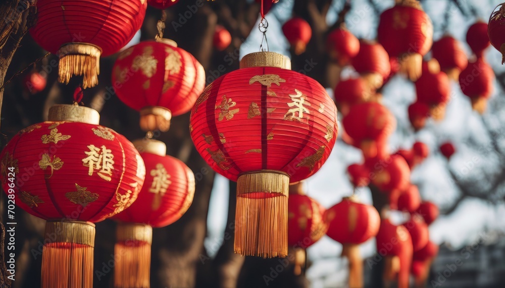 Beautiful traditional lanterns hanging from a tree during Chinese lunar new year