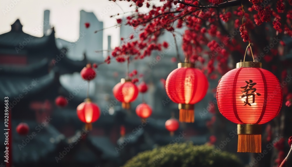 Obraz premium Beautiful traditional lanterns hanging from a tree during Chinese lunar new year