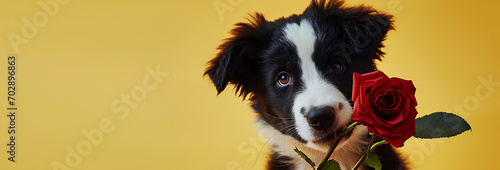 Valentine's Day concept. Funny portrait cute puppy dog border collie holding a red rose flower in mouth isolated on a yellow background, copy space for text, © mizan