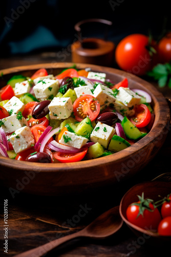Greek salad with fresh vegetables. Healthy food, top view.