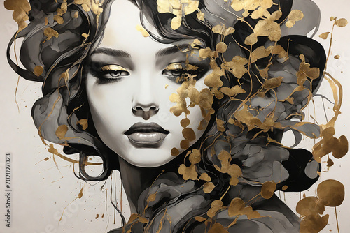 Wallpaper abstract drawing of a girl's face in black ink with gold in vintage color style © Юлия Васильева