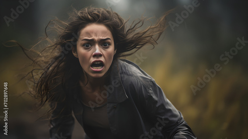 woman in fear  running outside with her eyes wide open and mouth agape