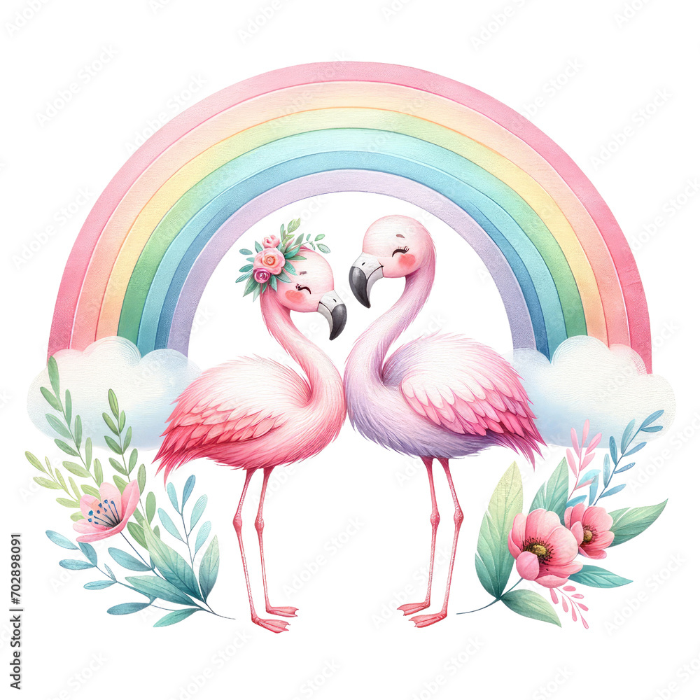 Obraz premium Watercolor Flamingos , Hand painted Flamingo couple with rainbow, valentines day clipart,watercolor Illustration Isolated on Transparent Background