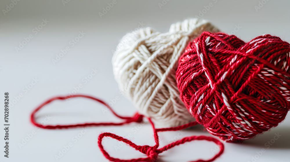 Red and white clews in the shape of a heart made from yarn on a white background, copy space for text Red and white clews in the shape of a heart made from yarn on a white background, copy space for text