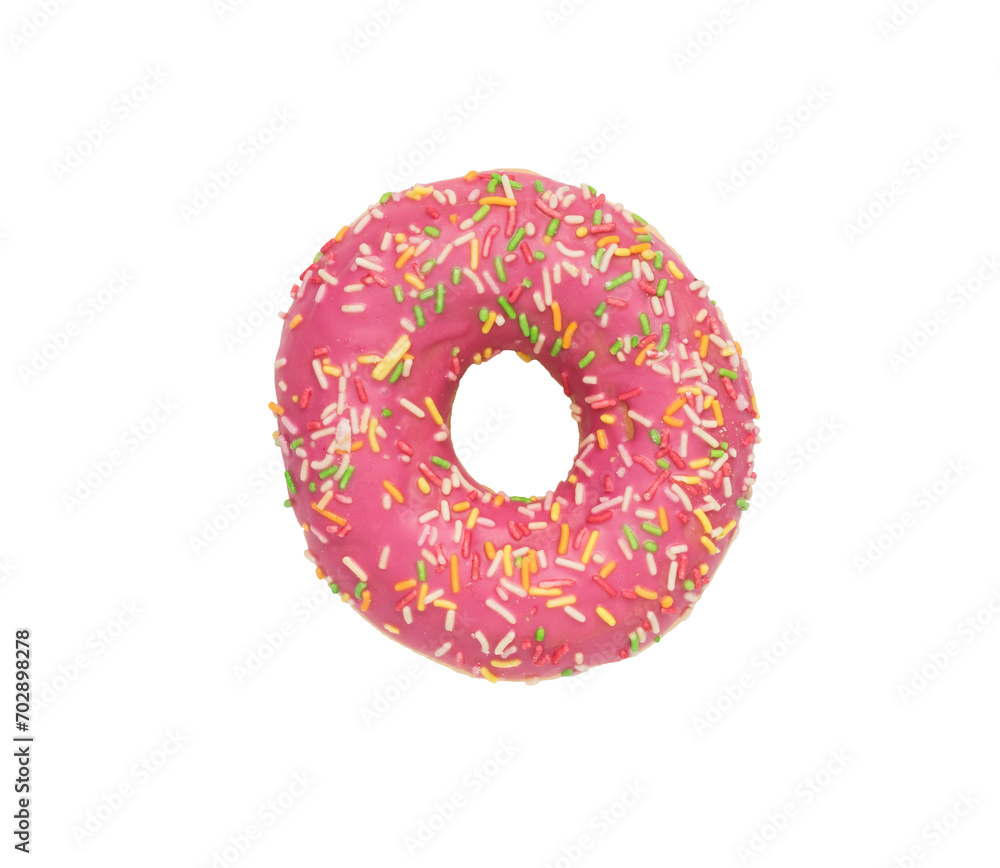 A fresh red donut isolated on a white background. The minimal concept of popular baking. A fresh red donut isolated on a white background. The minimal concept of popular baking.