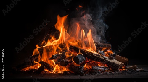 A bonfire is burning on a black background