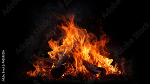 A bonfire is burning on a black background