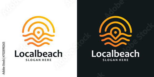 Pin location logo design template with wave logo and and the sun with an abstract line model graphic design vector. Symbol, icon, creative. photo