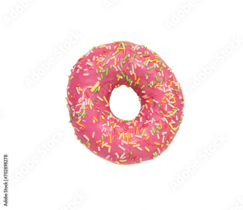 A fresh red donut isolated on a white background. The minimal concept of popular baking.