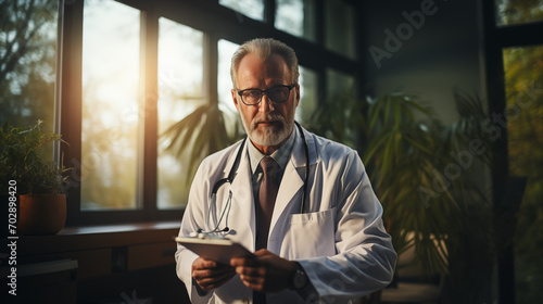 Portrait of a middle-aged doctor with a tablet in his hands in his office. a practicing general practitioner in his office.