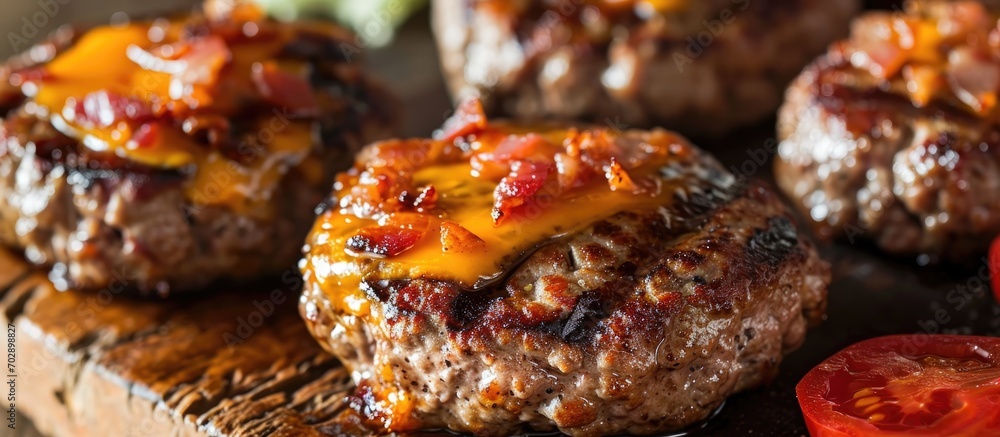 Grilled patties with cheese and bacon.