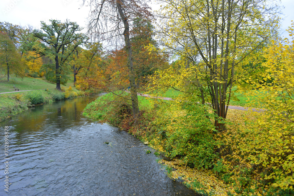 Ilm river in Tiefurt, Germany in autumn season