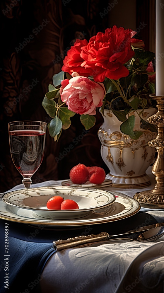 Classic table setting with flowers and decor in dark colors, rays of sunlight falling on a set table