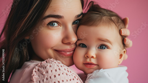 portrait d'une jeune maman et son bébé dans les bras sur fond rose