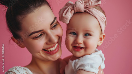 portrait d'une jeune maman et son bébé dans les bras sur fond rose